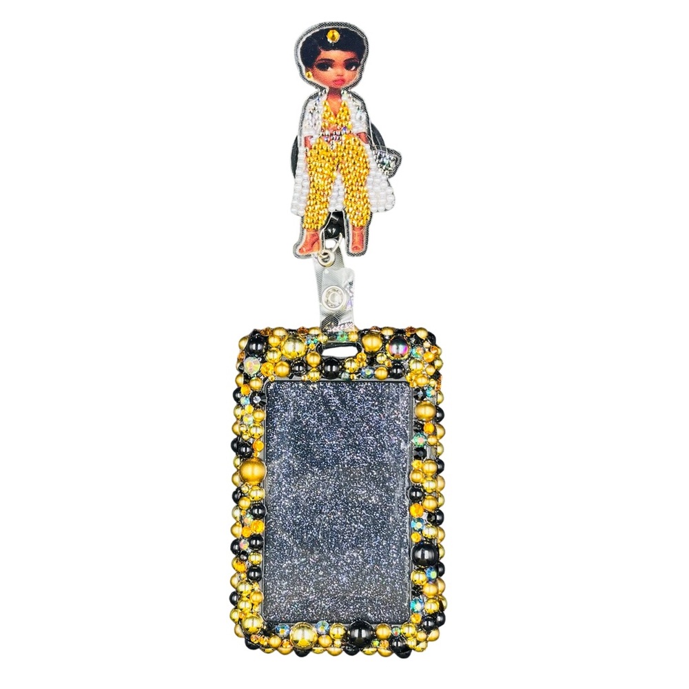 Bling Pearl Fashion Work Name Badge ID Card Holder & Retractable Reel Clip Gold